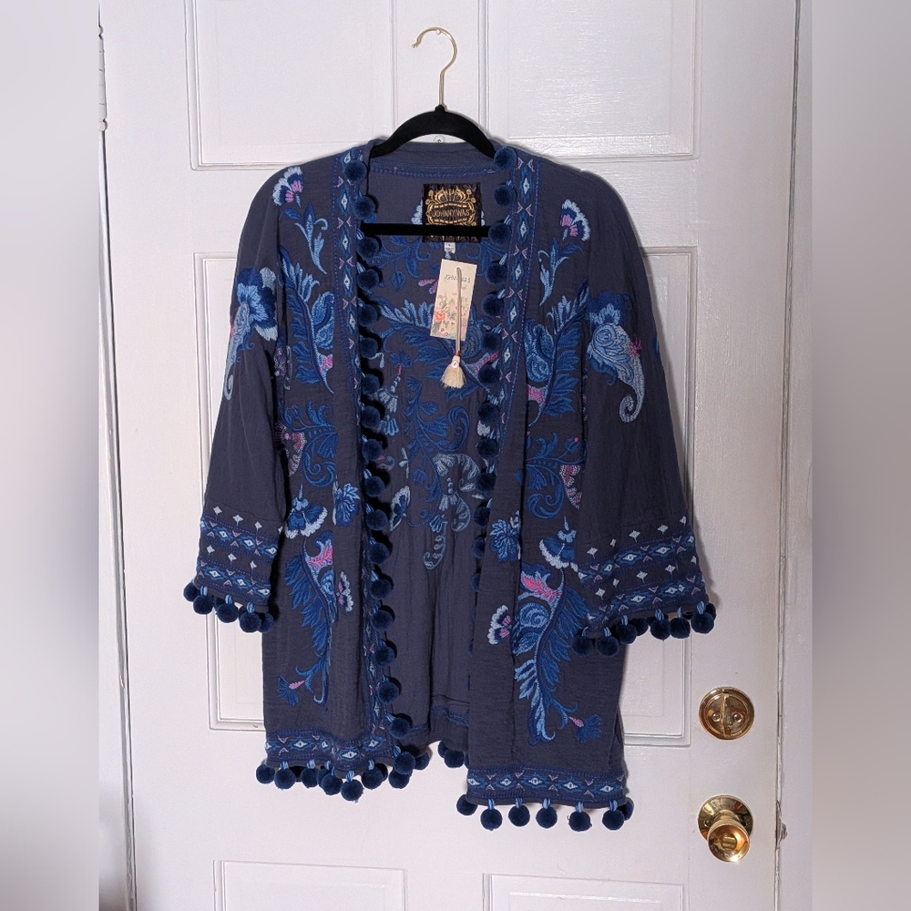 Johnny Was Navy Blue Embroidered Pom Pom Trim Open Front Jacket | Small | NWT - Picture 2 of 4
